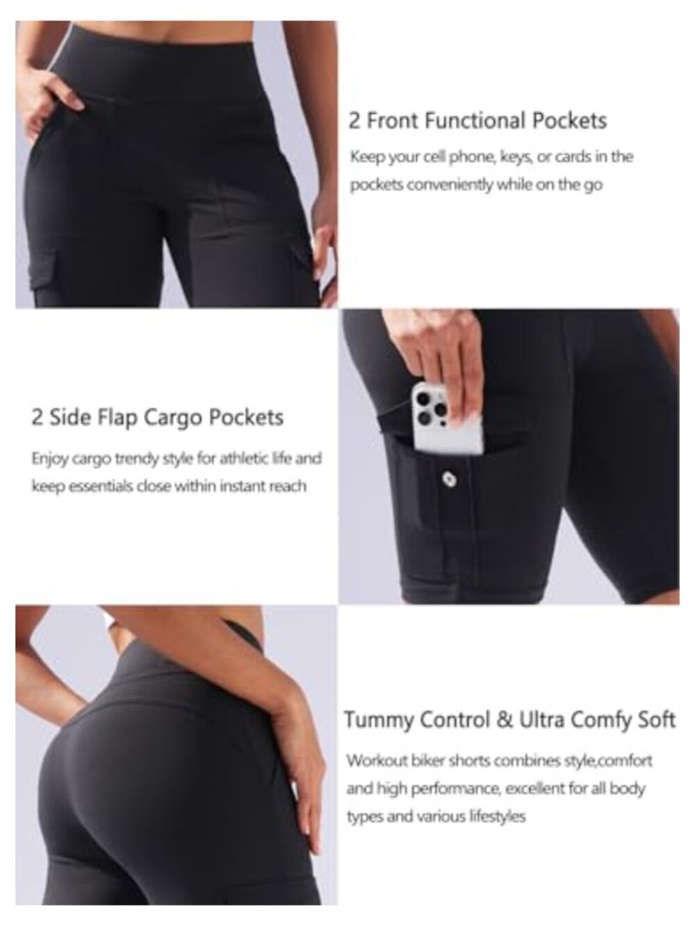 High Waisted Workout Biker Shorts with Cargo Pockets Tummy Control - Picture 4 of 5
